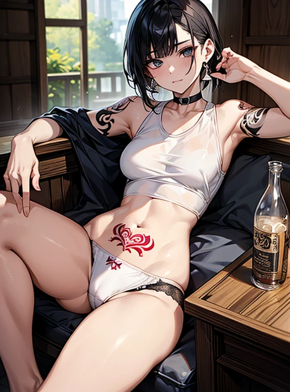 Beautiful breasts、Black Hair、Attractive breasts、Beautiful and attractive anime woman, Enchanting anime girl,Slippery、black eye、beautiful girl、、Quiet、Inconspicuous、White see-through tank top、Big Breasts、Stay in the house、Underwear is visible、Underwear is biting into、Small underwear、Shaved、Wet Skin、（(腕にTattoo))、（For the whole body）Tattoo、Nipples are visible、large hoop earrings、（On the legs）Tattoo、（On my back）Tattoo、（On the stomach）Tattoo、Provocative、（和彫の大きいTattoo）、For the whole bodyTattoo、（On the face）Tattoo、Short Bob、Provocative、肩にTattoo、((Tattoo))、brown、