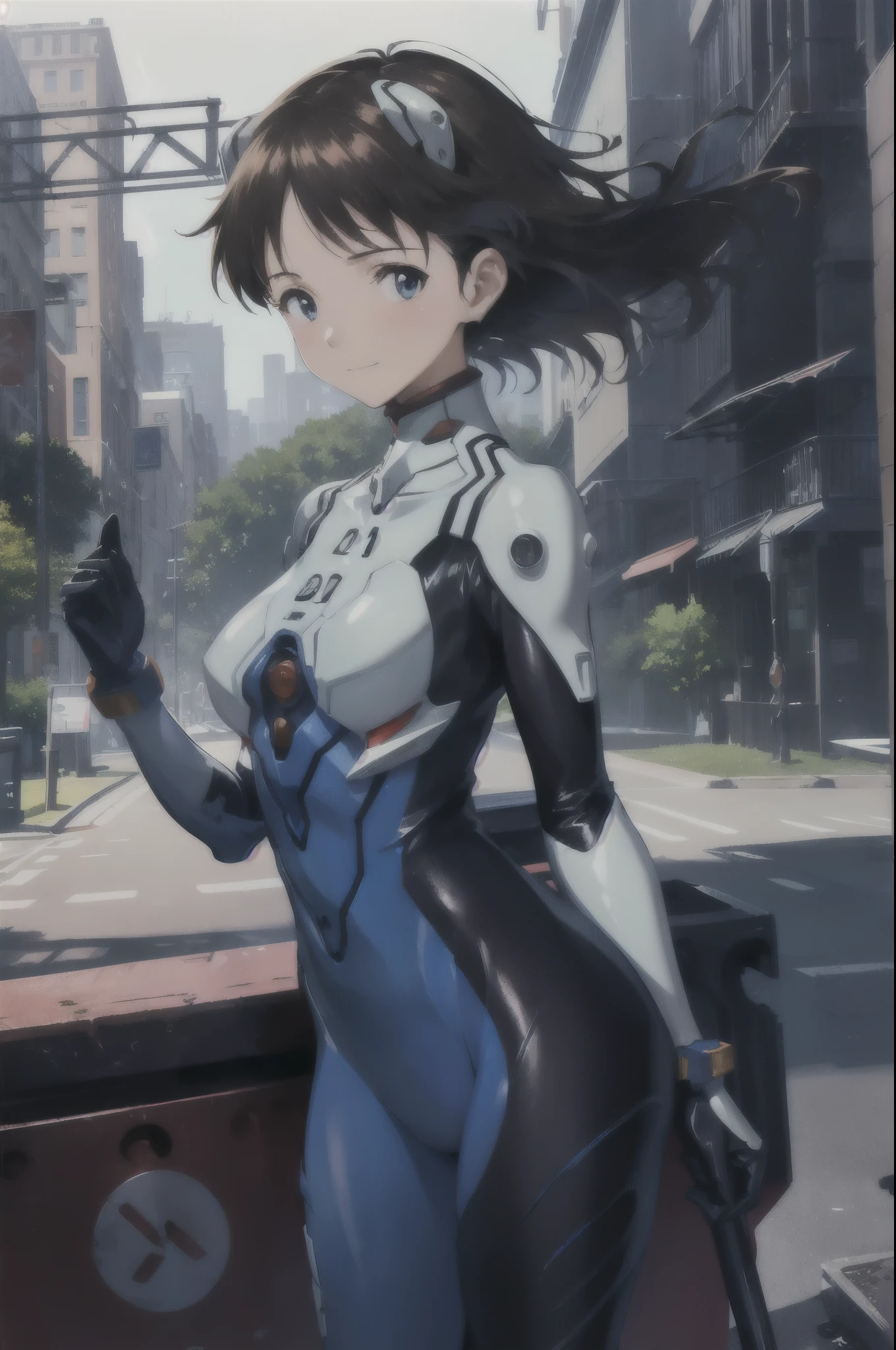 (masterpiece, best quality:1.2), expressive eyes, perfect face, highres, 1girl, solo, (female:1.5), ikarishinji, eva01plugsuit, interface, headset, shy, slight smile, city park, standing, cowboy shot,  looking at viewer,