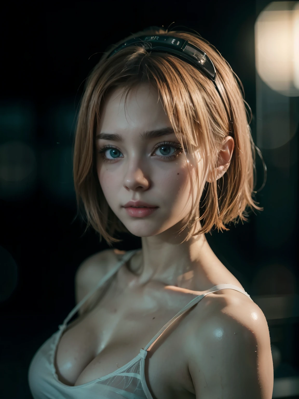 An anime girl posing for photos on a blurred dark background f1.2. Masterpiece, ultra HD, 8k, photography style, sexy, cinematic, best quality, professional realistic photography style. 