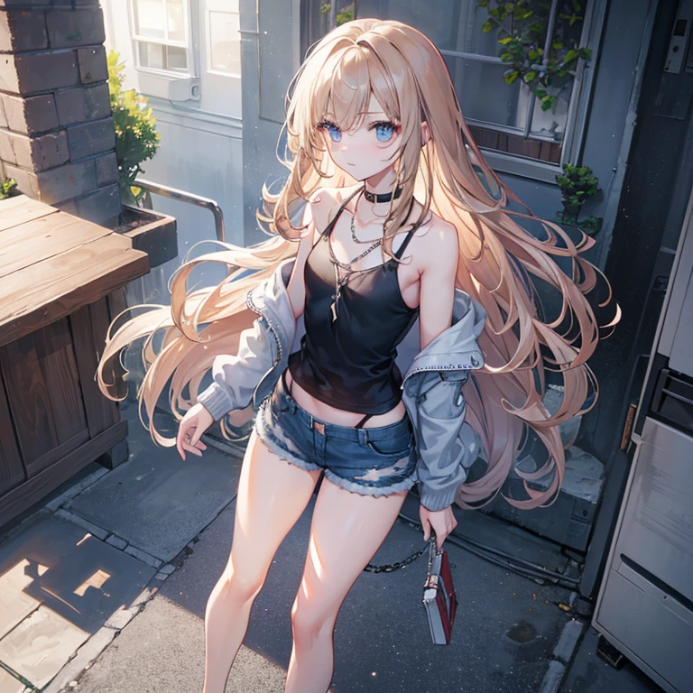 ((medium chest, long hair, small head)), daylight, sunlight, (well-defined abs: 1.1), (perfect body: 1.1), (short wavy hair: 1.2), russet hair, collar, chain, full body photo, shabby street, wearing a black tank top, denim jacket, ((shorts)), (extremely detailed CG 8k wallpaper), (extremely delicate and beautiful), (masterpiece), (Best Quality: 1.0), (Ultra Resolution: 1.0), Beautiful Lighting, Perfect Lightning, Realistic Shadows, [High Resolution], Detailed Skins, Ultra Detailed