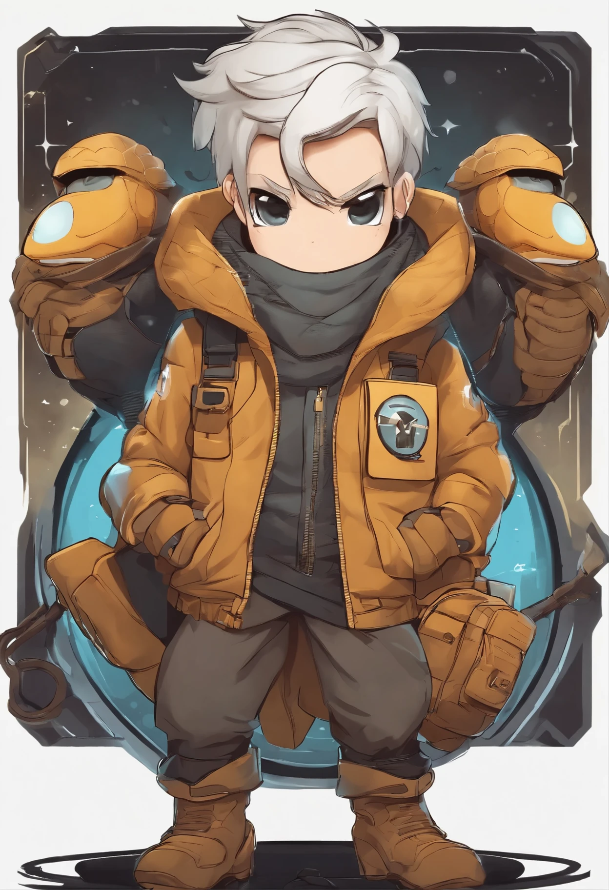 Crie um logotipo encorpado, Homem meio pato em forma de Chibi com neutro,with safety vest, High-resolution colors, com fundo de imagem branca