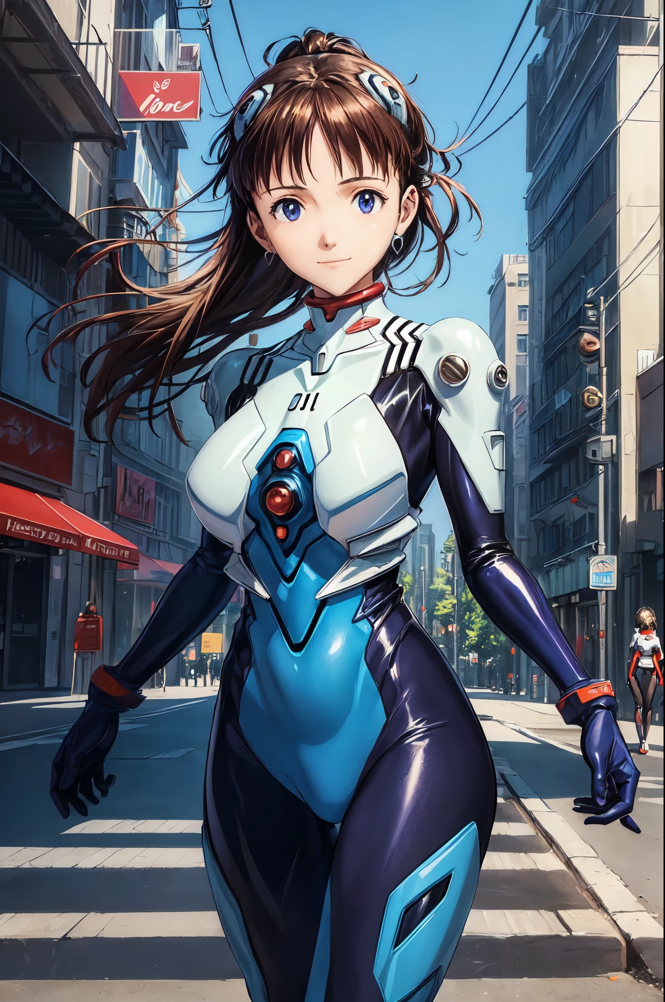 (masterpiece, best quality:1.2), expressive eyes, perfect face, highres, 1girl, solo, (female:1.5), ikarishinji, eva01plugsuit, interface, headset, shy, slight smile, city park, standing, cowboy shot,  looking at viewer,