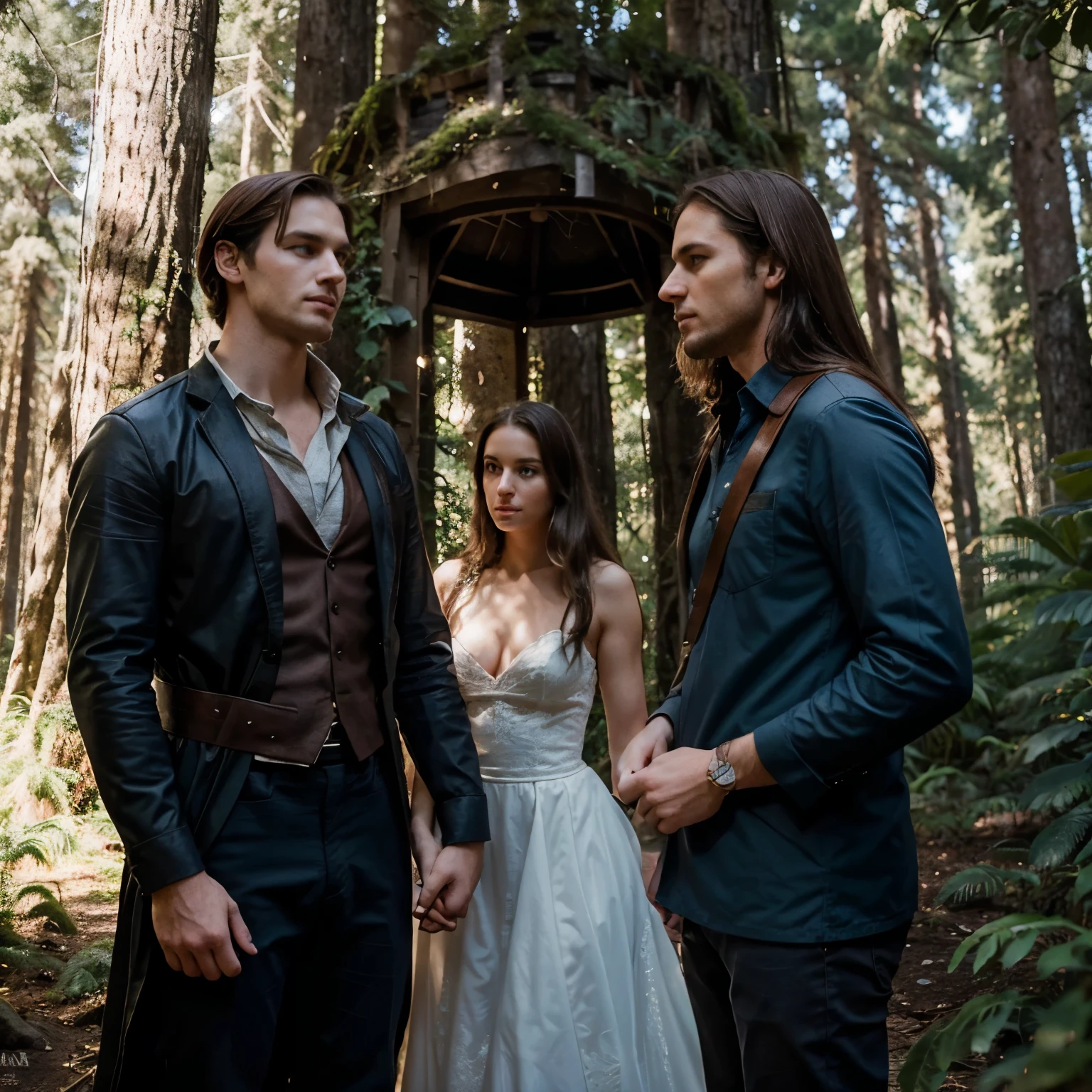Millena, a captivating young woman with sparkling blue eyes and shoulder-length dark brown hair, stands at an impressive height of 167 centimeters. Her companion, Lucas, is a 28-year-old man with castanho escuro hair, a stripe fallen on the right side, and a towering height of 185 centimeters. The couple, newlyweds captivated by the allure of uncharted adventures, traverse an enchanted forest filled with majestic mountains and towering trees.

Intricately woven between the foliage, enchanted creatures peek at the couple from the shadows. Millena's hand