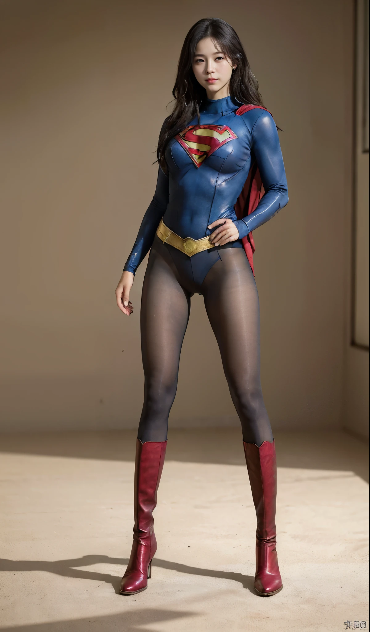 No background、(((Beautiful legs in black tights.)))、(((Legally express the beauty of your smile)))、((((Make the most of your original images)))、(((Supergirl Costume)))、(((Beautiful Hair)))、(((suffering)))、(((Please wear black tights....、Wear red boots)))、((Best image quality、8K))、((highest quality、8K、masterpiece:1.3))、(((Preserve background )))、Sharp focus:1.2、Beautiful woman with perfect figure:1.4、Thin abdominal muscles:1.2、Wet body:1.5、Highly detailed face and skin texture、8K