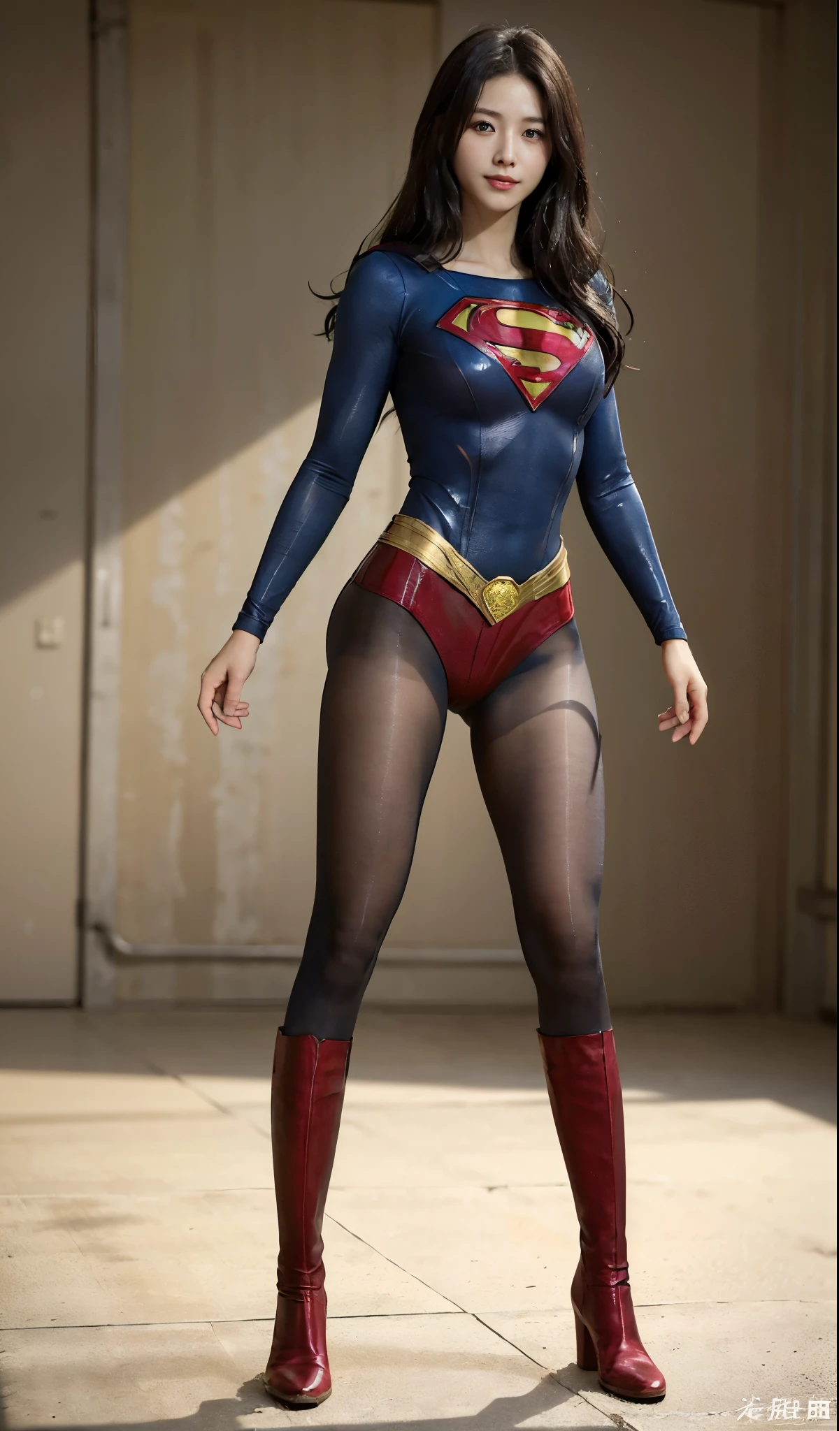 No background、(((Beautiful legs in black tights.)))、(((Legally express the beauty of your smile)))、((((Make the most of your original images)))、(((Supergirl Costume)))、(((Beautiful Hair)))、(((suffering)))、(((Please wear black tights....、Wear red boots)))、((Best image quality、8K))、((highest quality、8K、masterpiece:1.3))、(((Preserve background )))、Sharp focus:1.2、Beautiful woman with perfect figure:1.4、Thin abdominal muscles:1.2、Wet body:1.5、Highly detailed face and skin texture、8K