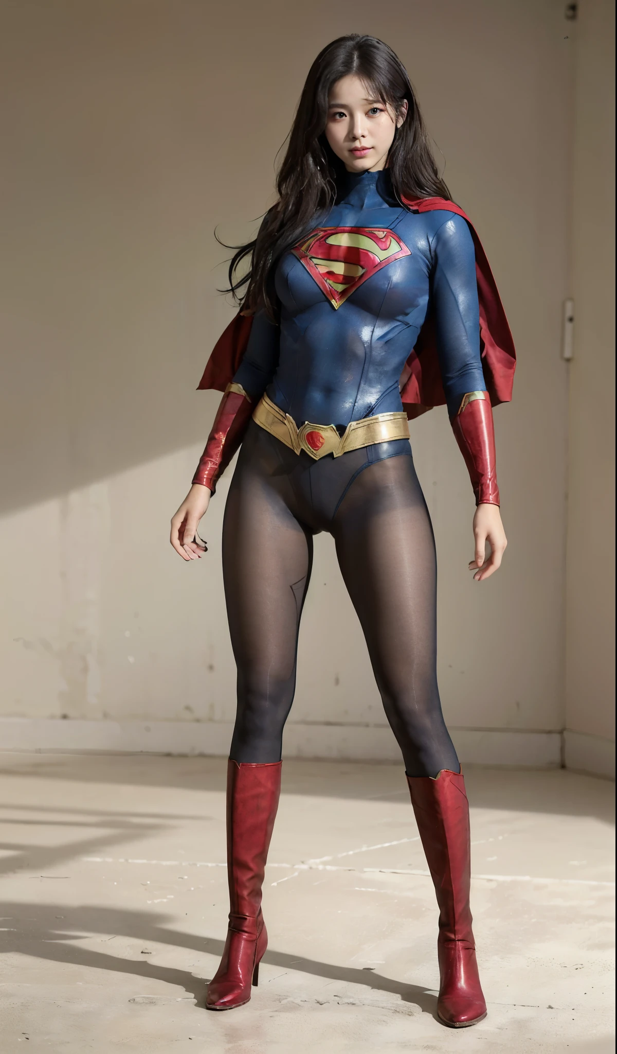 No background、(((Beautiful legs in black tights.)))、(((Legally express the beauty of your smile)))、((((Make the most of your original images)))、(((Supergirl Costume)))、(((Beautiful Hair)))、(((suffering)))、(((Please wear black tights....、Wear red boots)))、((Best image quality、8K))、((highest quality、8K、masterpiece:1.3))、(((Preserve background )))、Sharp focus:1.2、Beautiful woman with perfect figure:1.4、Thin abdominal muscles:1.2、Wet body:1.5、Highly detailed face and skin texture、8K