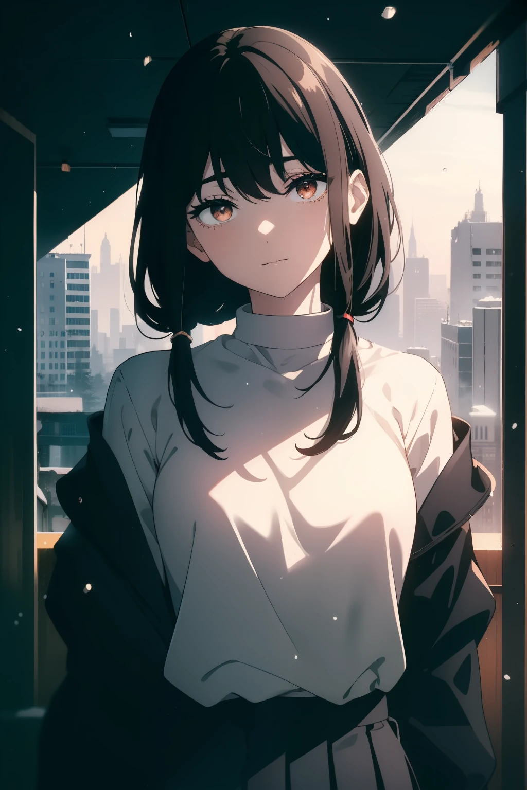 (Obra maestra, La mejor calidad, ultrahigh resolution), 1girl, standing, , white office shirt, black pleated skirt, (((black hair, dark black hair))), long hair cut, pale skin, ((brown eyes)), glowing_eyes, neon eyes, (ultra detailed eyes:0.7, beautiful and detailed face, detailed eyes:0.9), ((centered)), smile, ((wide shot)), facing viewer, eye level, ((vibrant background, snowy landscape, cityscape, snowing, snow)), flat chested, looking at viewer, ((half closed eyes)), ((perfect hands)), (((head:1, arms, hips, elbows, in view))), ((hands behind back)), empty eyes, beautiful lighting, outside, outdoors, background, defined subject, 25 years old, (head tilt)