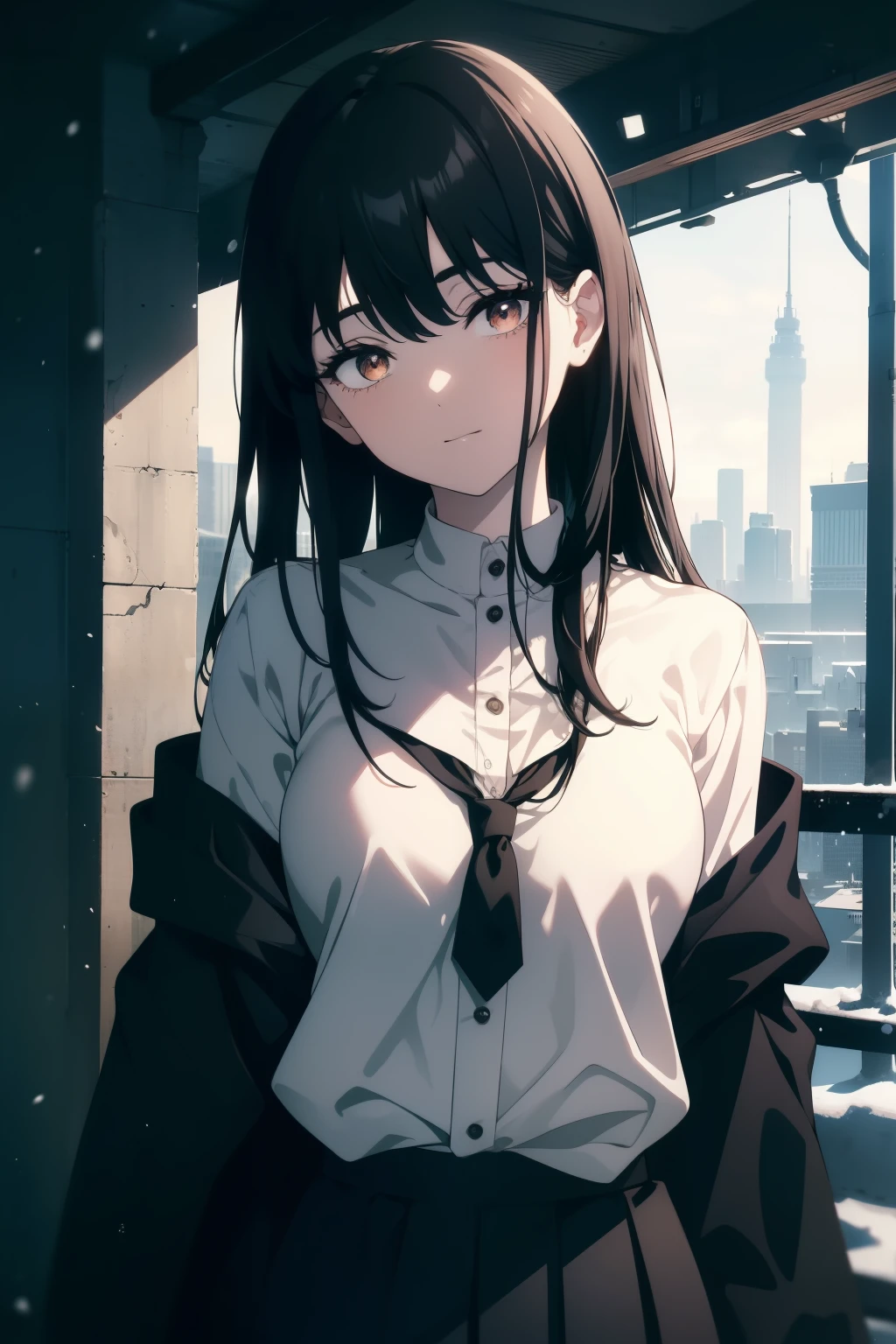 (Obra maestra, La mejor calidad, ultrahigh resolution), 1girl, standing, , white office shirt, black pleated skirt, (((black hair, dark black hair))), long hair cut, pale skin, ((brown eyes)), glowing_eyes, neon eyes, (ultra detailed eyes:0.7, beautiful and detailed face, detailed eyes:0.9), ((centered)), smile, ((wide shot)), facing viewer, eye level, ((vibrant background, snowy landscape, cityscape, snowing, snow)), flat chested, looking at viewer, ((half closed eyes)), ((perfect hands)), (((head:1, arms, hips, elbows, in view))), ((hands behind back)), empty eyes, beautiful lighting, outside, outdoors, background, defined subject, 25 years old, (head tilt)