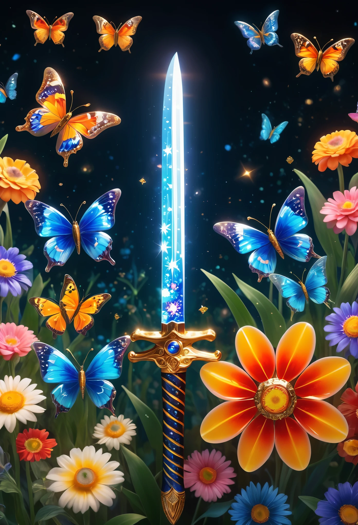 Millefiori glass style, shooting stars, butterflies, swords, (best quality, 4k, 8k, highres, masterpiece:1.2), ultra-detailed, (realistic, photorealistic, photo-realistic:1.37), HDR, UHD, studio lighting, vivid colors, bokeh, portraits, landscape, concept artists, vibrant color palette, enchanting lighting.