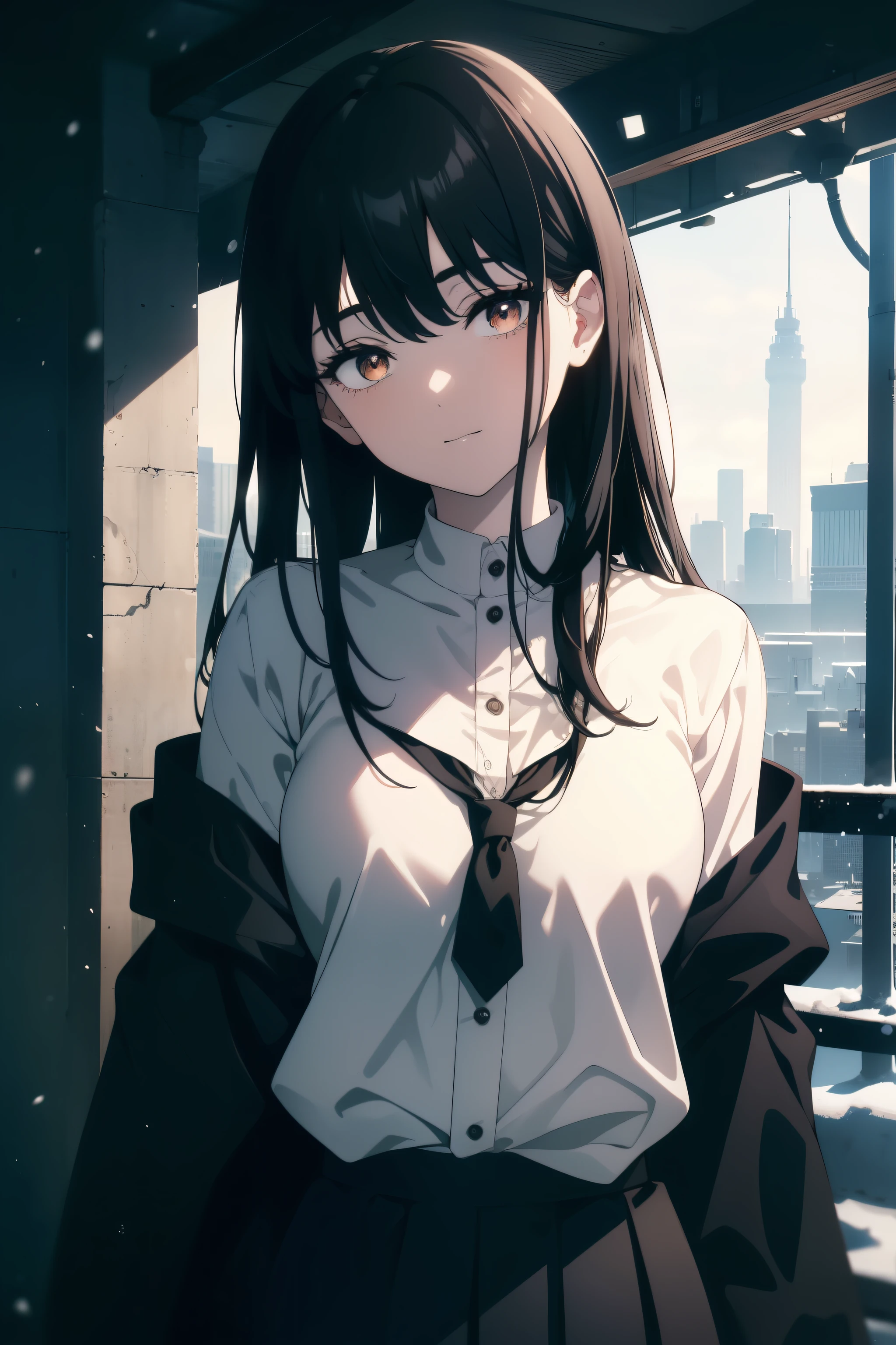 (Obra maestra, La mejor calidad, ultrahigh resolution), 1girl, standing, , white office shirt, black pleated skirt, (((black hair, dark black hair))), long hair cut, pale skin, ((brown eyes)), glowing_eyes, neon eyes, (ultra detailed eyes:0.7, beautiful and detailed face, detailed eyes:0.9), ((centered)), smile, ((wide shot)), facing viewer, eye level, ((vibrant background, snowy landscape, cityscape, snowing, snow)), flat chested, looking at viewer, ((half closed eyes)), ((perfect hands)), (((head:1, arms, hips, elbows, in view))), ((hands behind back)), empty eyes, beautiful lighting, outside, outdoors, background, defined subject, 25 years old, (head tilt)