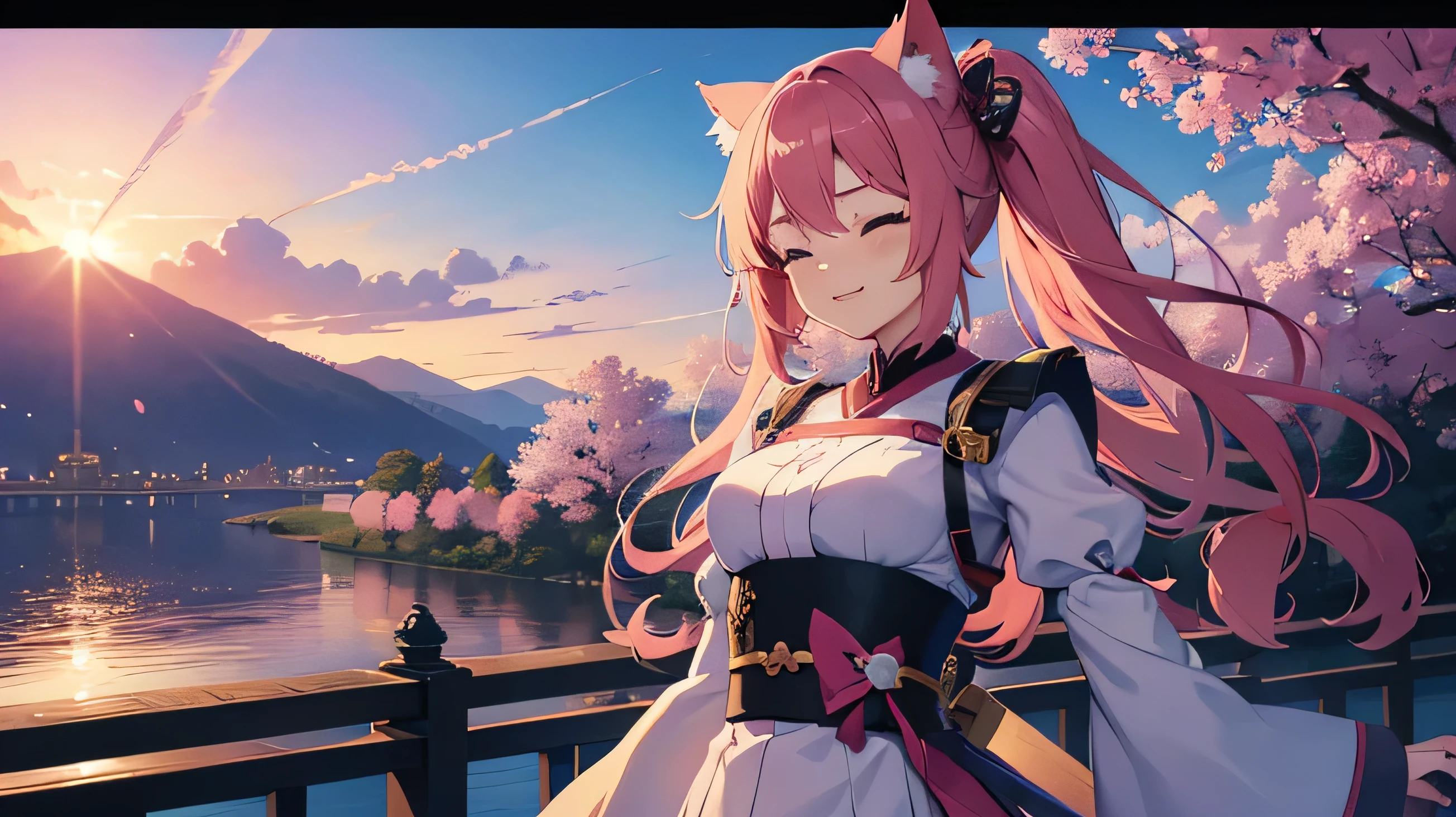 kawai anime girl looking at the horizon with a castle floating in the distance and people in the distance with powers,
pink hair, happy, cat ears and panorama mode image that shows the landscape and that the girl does not look at the camera and that her entire body is seen, with a smile on her face, closing her eyes, with a katana hanging on her anime waist, anime, anime!!! 4k