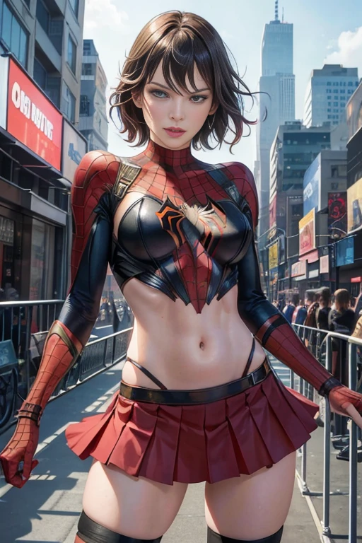 Milla Jovovich、マーベル・コミック映画のPoster, Very beautiful, Movies about Spiderman, sexy, whole body, I'm wearing a skirt、Premiere date, Poster、belly buttonを突き出す、new york、She&#39;s wearing a torn Spider-Man suit,The suit is torn、Wearing a skirt、 Red and black color scheme,dynamic、masterpiece、highest quality、Ultra-detailed、Very detailed、A delicate and beautiful shine、超A high resolution、Cinematic,Break,Breakdrop,(Torn clothes:1.5), (Wet clothes:1.4), Bare shoulders,Real Rain,Wet Hair,belly button、Exposing Skin、sexyな肩を見せてる