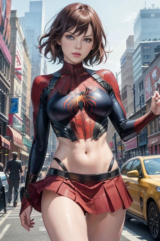 Milla Jovovich、マーベル・コミック映画のPoster, Very beautiful, Movies about Spiderman, sexy, whole body, I'm wearing a skirt、Premiere date, Poster、belly buttonを突き出す、new york、She&#39;s wearing a torn Spider-Man suit,The suit is torn、Wearing a skirt、 Red and black color scheme,dynamic、masterpiece、highest quality、Ultra-detailed、Very detailed、A delicate and beautiful shine、超A high resolution、Cinematic,Break,Breakdrop,(Torn clothes:1.5), (Wet clothes:1.4), Bare shoulders,Real Rain,Wet Hair,belly button、Exposing Skin、sexyな肩を見せてる