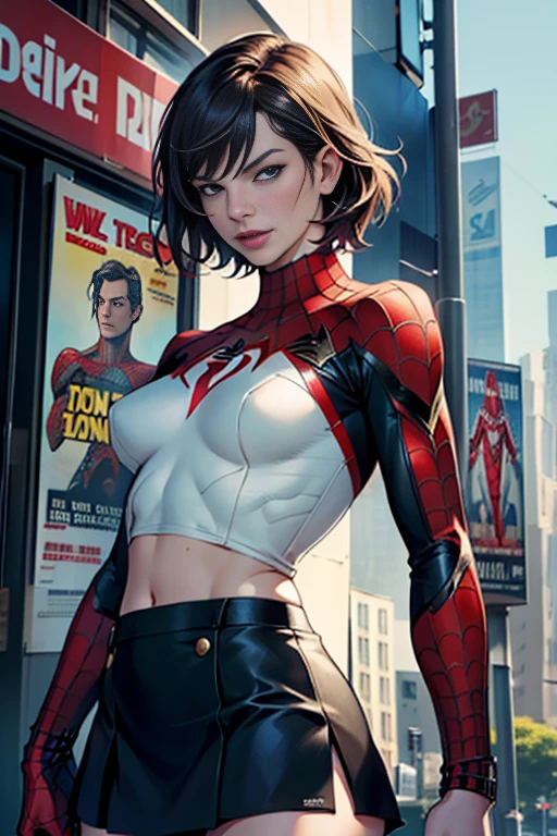 Milla Jovovich、マーベル・コミック映画のPoster, Very beautiful, Movies about Spiderman, sexy, whole body, I'm wearing a skirt、Premiere date, Poster、belly buttonを突き出す、new york、She's wearing a torn Spider-Man suit,The suit is torn、Wearing a skirt、 Red and black color scheme,dynamic、masterpiece、highest quality、Ultra-detailed、Very detailed、A delicate and beautiful shine、超A high resolution、Cinematic,Break,Breakdrop,(Torn clothes:1.5), (Wet clothes:1.4), Bare shoulders,Real Rain,Wet Hair,belly button、Exposing Skin、sexyな肩を見せてる