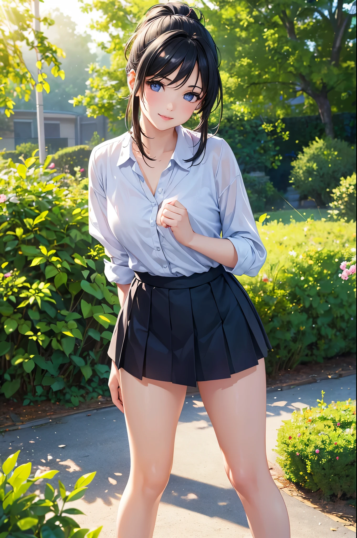 A girl in a garden,feeling the summer sunshine,with black hair,ponytail and wearing a miniskirt,standing with her legs apart,leaning forward,placing both hands on a hydrant. (best quality,4k,8k,highres,masterpiece:1.2),ultra-detailed,(realistic,photorealistic,photo-realistic:1.37),illustration,beautiful detailed eyes,beautiful detailed lips,extremely detailed eyes and face,long eyelashes, cheerful expression, vibrant colors,soft sunlight,Open-chested clothing