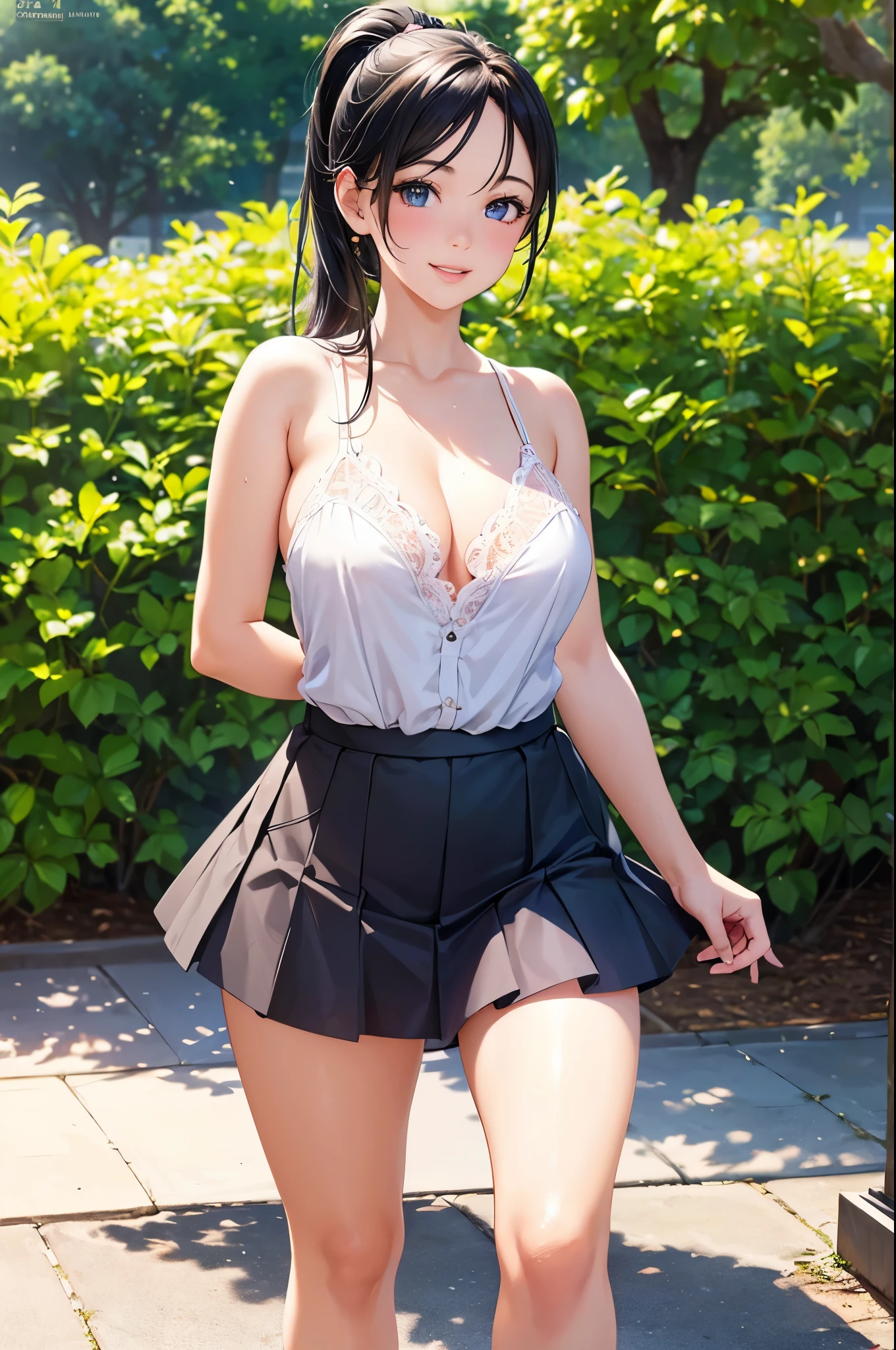 A girl in a garden,feeling the summer sunshine,with black hair,ponytail and wearing a miniskirt,standing with her legs apart,leaning forward,placing both hands on a hydrant. (best quality,4k,8k,highres,masterpiece:1.2),ultra-detailed,(realistic,photorealistic,photo-realistic:1.37),illustration,beautiful detailed eyes,beautiful detailed lips,extremely detailed eyes and face,long eyelashes, cheerful expression, vibrant colors,soft sunlight,Open-chested clothing