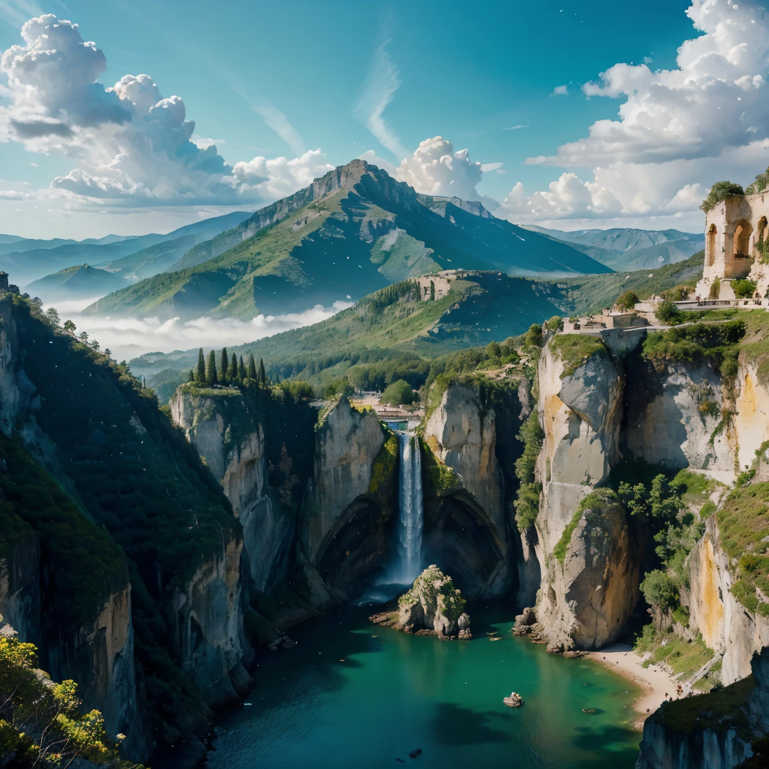 (ultra-detailed,highres:1.2),landscapes,mythology,city of Athena,Sparta,Mount Olympus,ancient ruins,vibrant colors,mythical creatures,majestic waterfalls,cloud-covered mountains,sun-drenched valleys,celestial beings,divine architecture,golden temples,emerald forests,goddess statues,sculpted gardens,sacred rivers,timeless beauty,grandeur and splendor,ethereal atmosphere,serene lakes,mystical caves,historical landmarks,mythical narratives,unforgettable vistas,mythical heroes,legendary battles,divine light,harmonious blend of nature and mythology,awe-inspiring landscapes,impeccable detail,majestic cliffs and rock formations,dreamlike surroundings,radiant celestial skies,whispers of ancient legends,serenity and tranquility,dramatic and epic scenes,mesmerizing landscapes.