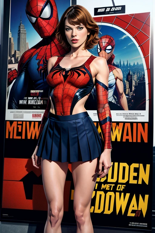 Milla Jovovich、マーベル・コミック映画のPoster, Very beautiful, Movies about Spiderman, sexy, whole body, I'm wearing a skirt、Premiere date, Poster、belly buttonを突き出す、new york、She's wearing a torn Spider-Man suit,The suit is torn、Wearing a skirt、 Red and black color scheme,dynamic、masterpiece、highest quality、Ultra-detailed、Very detailed、A delicate and beautiful shine、超A high resolution、Cinematic,Break,Breakdrop,(Torn clothes:1.5), (Wet clothes:1.4), Bare shoulders,Real Rain,Wet Hair,belly button、Exposing Skin、sexyな肩を見せてる