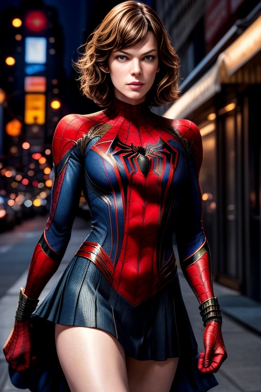Milla Jovovich、マーベル・コミック映画のPoster, Very beautiful, Movies about Spiderman, sexy, whole body, I'm wearing a skirt、Premiere date, Poster、belly buttonを突き出す、new york、She&#39;s wearing a torn Spider-Man suit,The suit is torn、Wearing a skirt、 Red and black color scheme,dynamic、masterpiece、highest quality、Ultra-detailed、Very detailed、A delicate and beautiful shine、超A high resolution、Cinematic,Break,Breakdrop,(Torn clothes:1.5), (Wet clothes:1.4), Bare shoulders,Real Rain,Wet Hair,belly button、Exposing Skin、sexyな肩を見せてる