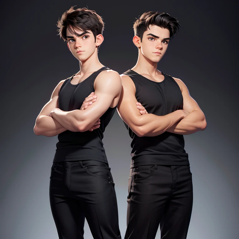Boy 17 years full body standing wearing black pants and black tank top pose standing with arms crossed