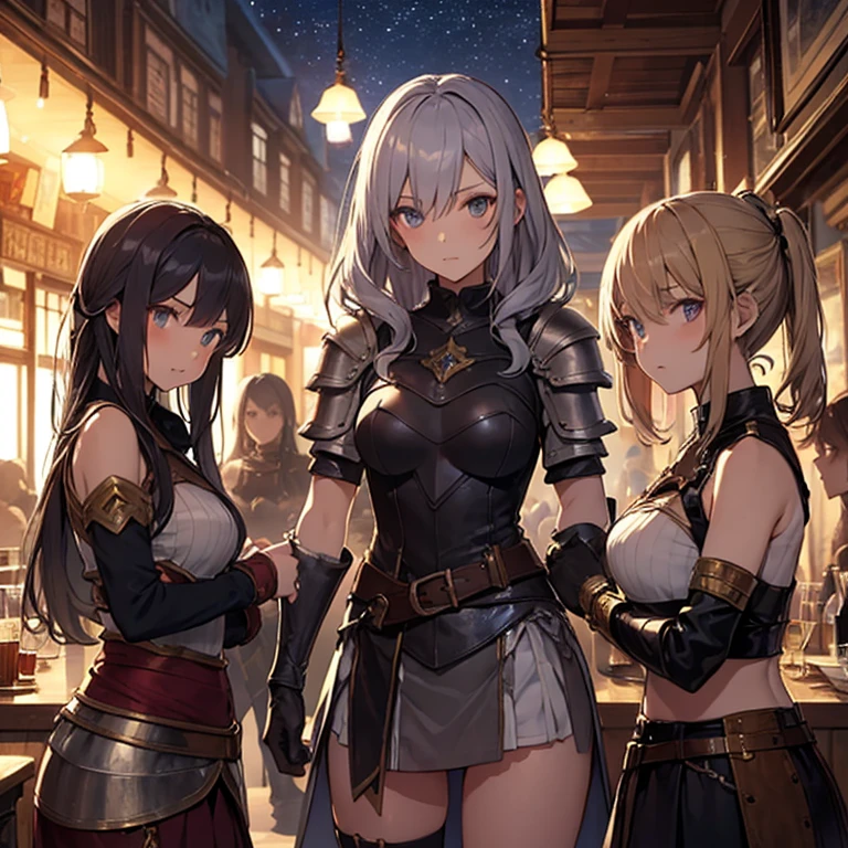 A group of female medieval fantasy adventurers, (in tavern), various hair styles, harem, night, details face, short skirt, seducing, sleeveless, armor