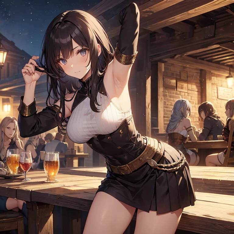 A group of female medieval fantasy adventurers, (in tavern), various hair styles, harem, night, details face, short skirt, seducing, sleeveless, armor, armpits