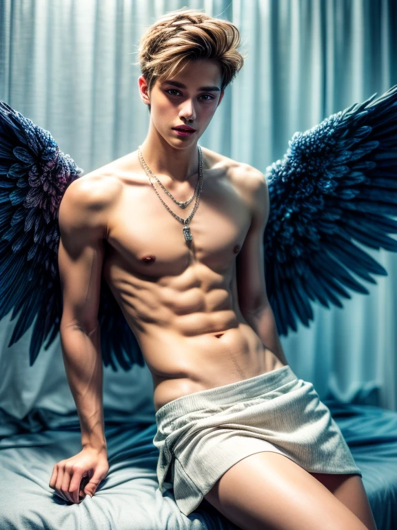 (Masterpiece: 1.3), (Best Quality: 1.2), 8K, hypersexual hyperdetailed gay erotic photograph, (Very Detail: 1.3), Best, (1 Boy: 1.2), not muscular, 18 year old shirtless twink boy model, nude, Masterpiece, Best Quality, Raw Photography, Photorealistic skinny angel with black wings, ((shirtless)), very short undercut hairstyle, (best quality: 1.5), (Masterpiece: 1.5), (very high detailed: 1.4), (beautiful boy: 1.5), 1boy, very beautiful white boy, ((19 years old)), ((full-length)), light blonde hair, big blue eyes, seductive eyes, bright, red blush, (shy face: 1.4), shell necklace, white shirt, (short skirt: 1.5), ((smooth face)), 