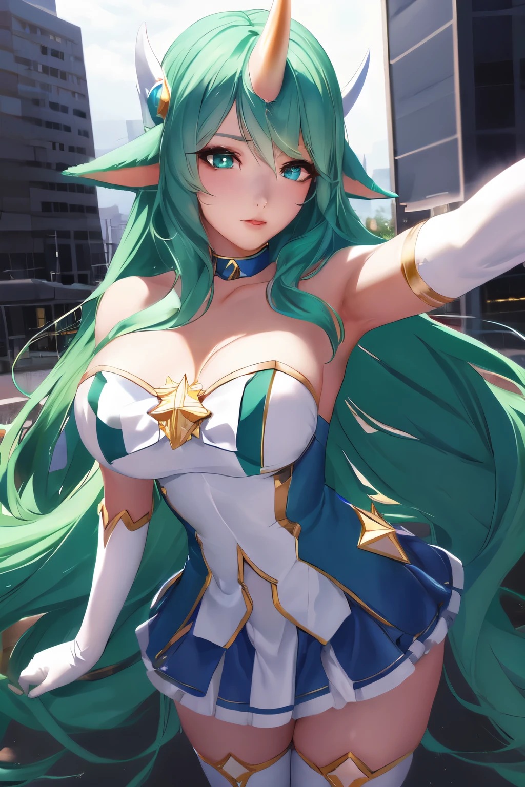 (solo, 1girl), (absurdres, ,highres, official wallpaper, poster), (masterpiece, best quality:1.2), (illustration, realistic), (perfect details, highest detailed, extreme detailed), dramatic light, starguardiansoraka, (white thighhighs, elbow gloves, (hair ornament), star guardian \(league of legends\), chocker, green hair, long hair, horn, chest jewel, star \(symbol\)), (1girl solo, kabedon pov), (street, city, Heart-shaped pupils:1.2)