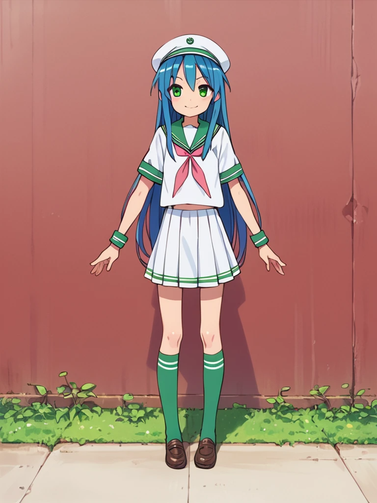 score_9, score_8_up, score_7_up, best quality, masterpiece, source_anime, photo, (natural skin, detailed skin:0.8), uncensored,
(child ,cute ,small girl:0.5), (colourful,Colouring in:1.0),skinny,
konata izumi, long hair, green eyes, blue hair, skinny, 
flat chest, 
1girl,outdoors, serafuku, green miniskirt, green sailor collar, white and green sailor cap, shoes, brown tighhighs, smile, 
dynamic pose,v,
,   