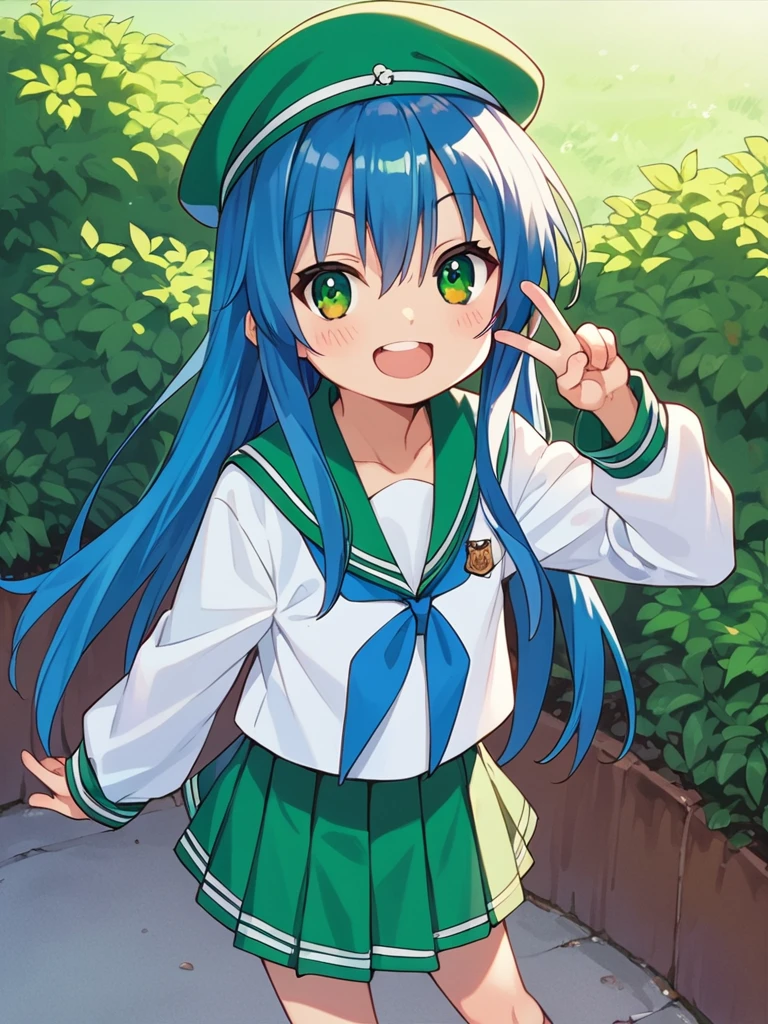 score_9, score_8_up, score_7_up, best quality, masterpiece, source_anime, photo, (natural skin, detailed skin:0.8), uncensored,
(child ,cute ,small girl:0.5), (colourful,Colouring in:1.0),skinny,
konata izumi, long hair, green eyes, blue hair, skinny, 
flat chest, 
1girl,outdoors, serafuku, green miniskirt, green sailor collar, white and green sailor cap, shoes, brown tighhighs, smile, 
dynamic pose,v,
,   