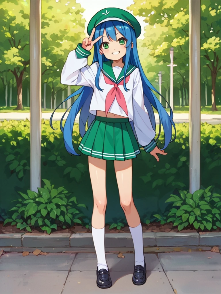 score_9, score_8_up, score_7_up, best quality, masterpiece, source_anime, photo, (natural skin, detailed skin:0.8), uncensored,
( ,cute ,small:0.5), (colourful,Colouring in:1.0),skinny,
konata izumi, long hair, green eyes, blue hair, skinny, 
flat chest, 
1girl,outdoors, serafuku, green miniskirt, green sailor collar, white and green sailor cap, shoes, brown tighhighs, smile, 
dynamic pose,v,
,   