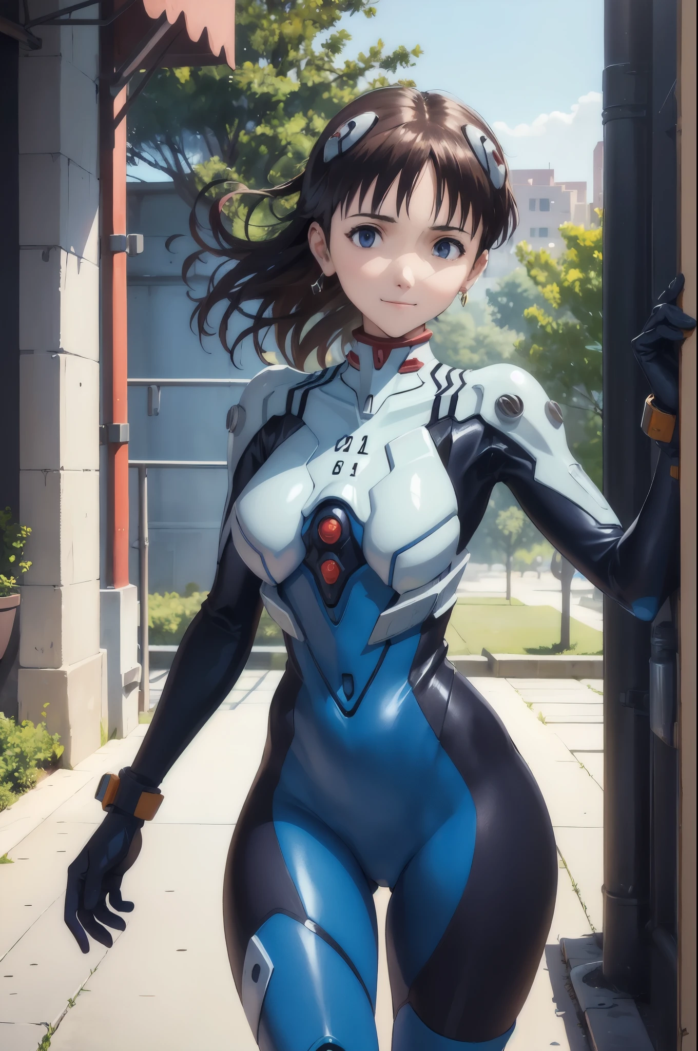 (masterpiece, best quality:1.2), expressive eyes, perfect face, highres, 1girl, solo, (female:1.5), ikarishinji, eva01plugsuit, interface, headset, shy, slight smile, city park, standing, cowboy shot,  looking at viewer,