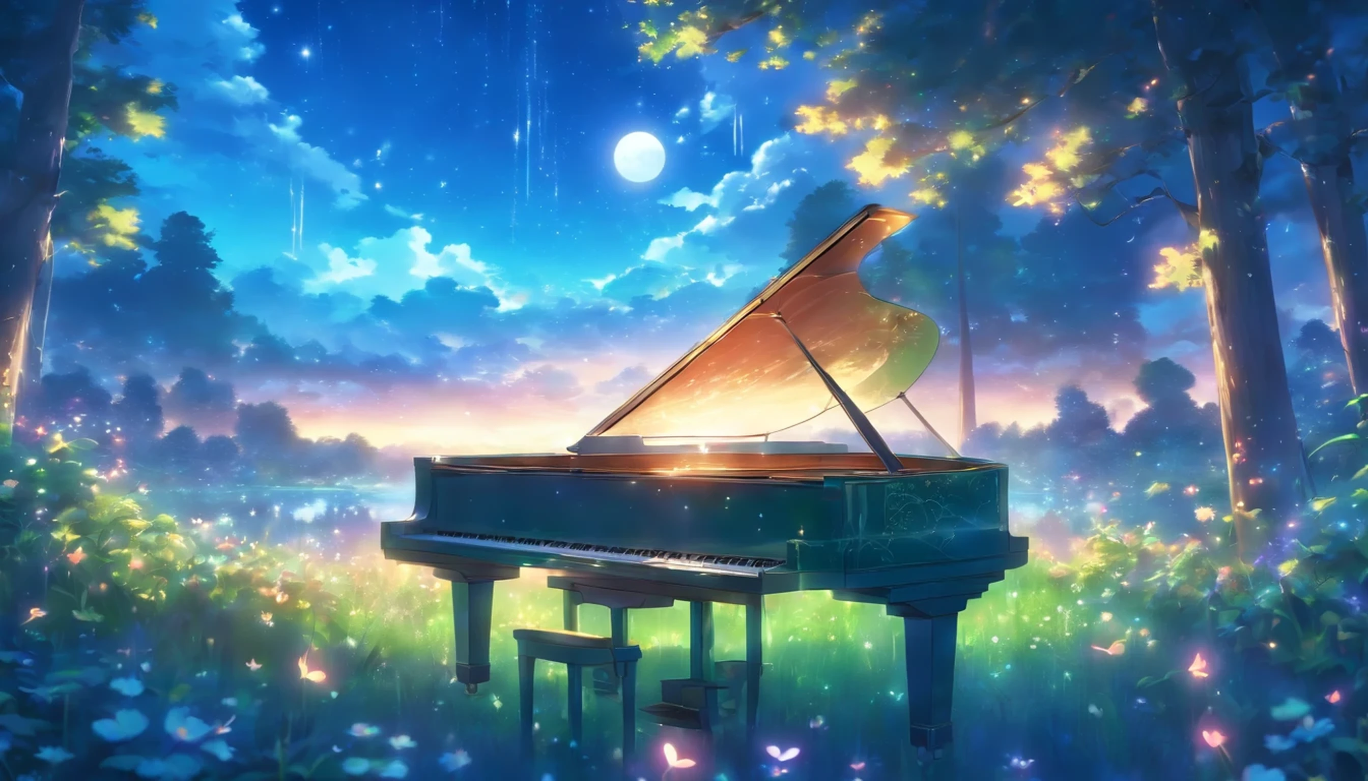 A grand piano in a forest flower field during blue hour with magnificent clouds and moonlight.Early morning after the rain、Shining water droplets on fresh green leaves