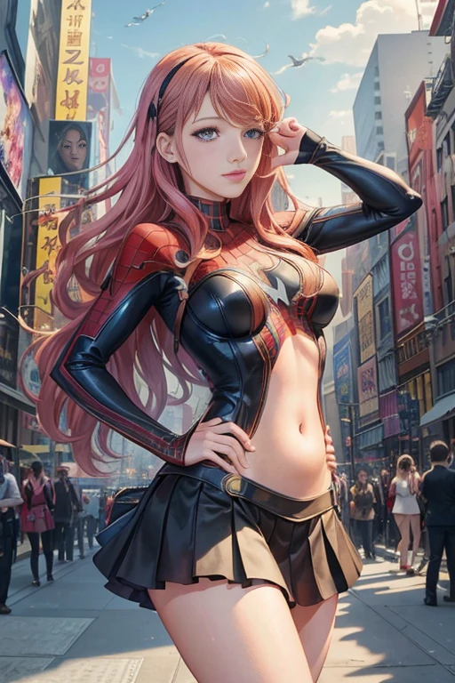 Blake Lively、マーベル・コミック映画のPoster, Very beautiful, Movies about Spiderman, sexy, whole body, I'm wearing a skirt、Premiere date, Poster、belly buttonを突き出す、new york、She&#39;s wearing a torn Spider-Man suit,The suit is torn、Wearing a skirt、 Red and black color scheme,dynamic、masterpiece、highest quality、Ultra-detailed、Very detailed、A delicate and beautiful shine、超A high resolution、Cinematic,Break,Breakdrop,(Torn clothes:1.5), (Wet clothes:1.4), Bare shoulders,Real Rain,Wet Hair,belly button、Exposing Skin、sexyな肩を見せてる