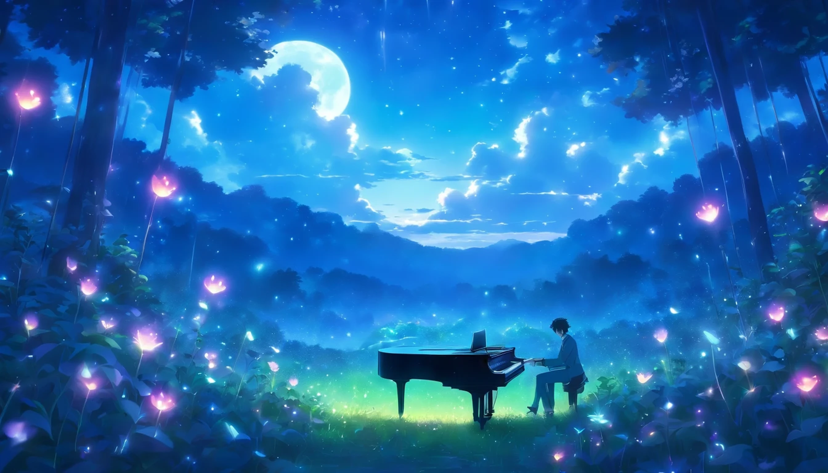 A grand piano in a forest flower field during blue hour with magnificent clouds and moonlight.Early morning after the rain、Shining water droplets on fresh green leaves