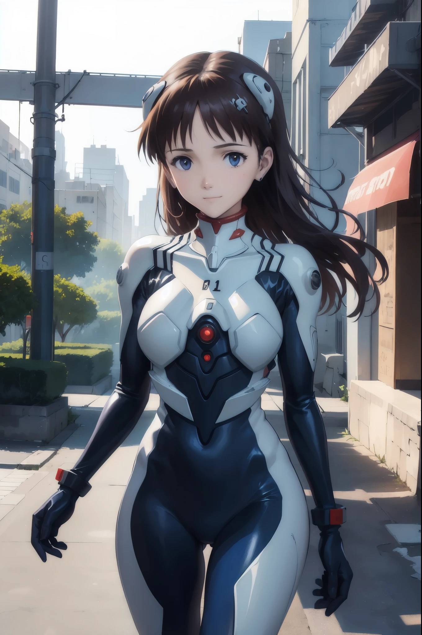 (masterpiece, best quality:1.2), expressive eyes, perfect face, highres, 1girl, solo, (female:1.5), ikarishinji, eva01plugsuit, long hair, interface, headset, shy, slight smile, city park, standing, cowboy shot,  looking at viewer,