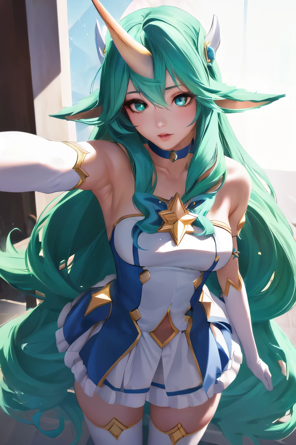 (solo, 1girl), (absurdres, ,highres, official wallpaper, poster), (masterpiece, best quality:1.2), (illustration, realistic), (perfect details, highest detailed, extreme detailed), dramatic light, starguardiansoraka, (white thighhighs, elbow gloves, (hair ornament), star guardian \(league of legends\), chocker, green hair, long hair, horn, chest jewel, star \(symbol\)), (1girl solo, kabedon pov), (street, city, Heart-shaped pupils:1.2)