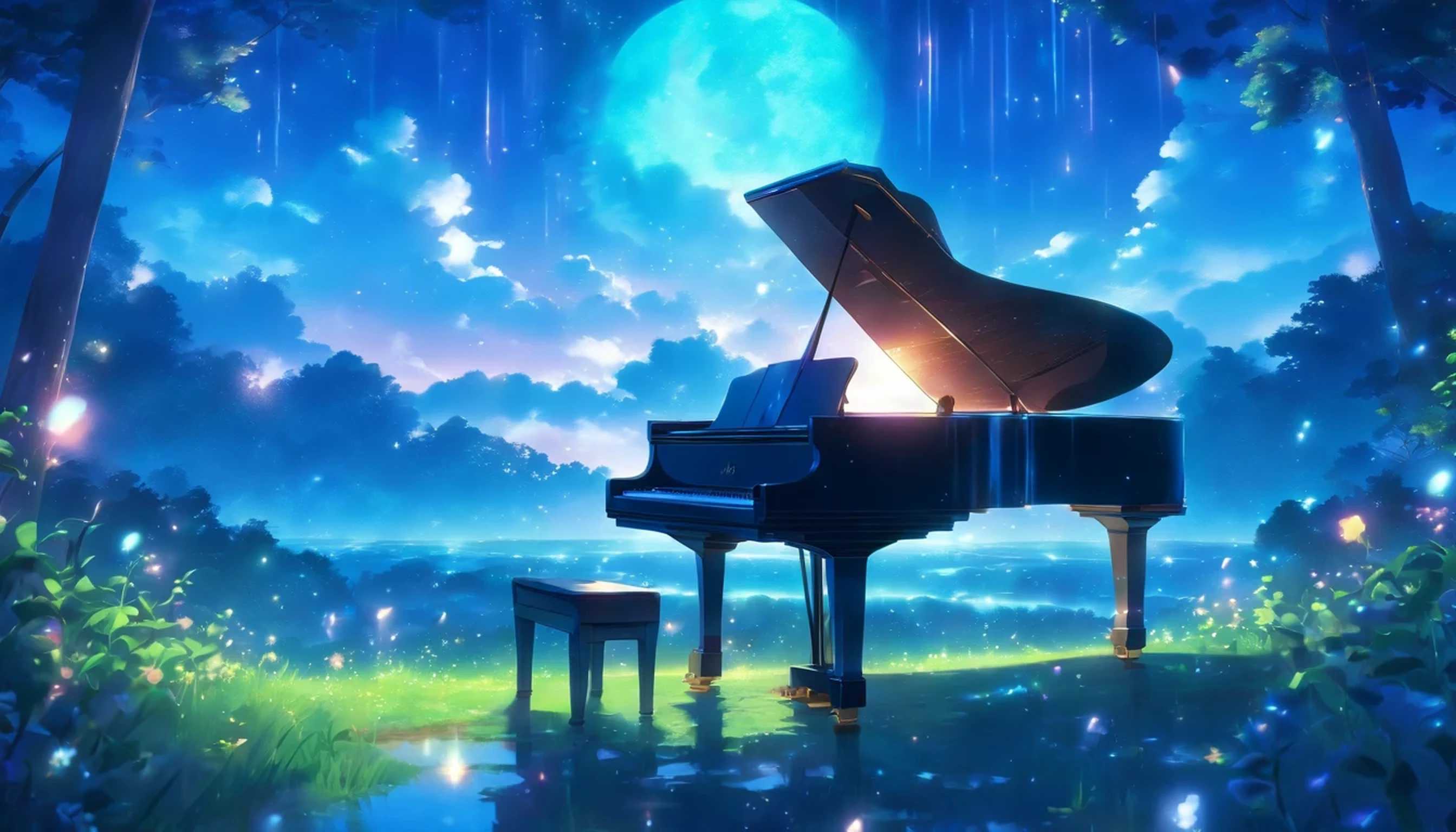 A grand piano in a forest flower field during blue hour with magnificent clouds and moonlight.Early morning after the rain、Shining water droplets on fresh green leaves