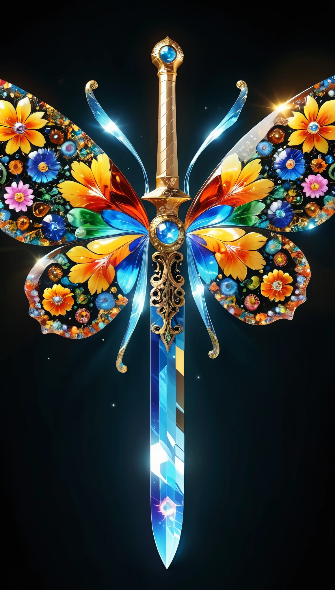 (best quality,4k,highres),Millefiori glass style,(vibrant,brilliant),meteor, butterfly, sword, (sparkling shards, intricate patterns), (realistic,physically-based rendering), (colorful, multicolored), (fantasy, dreamlike)