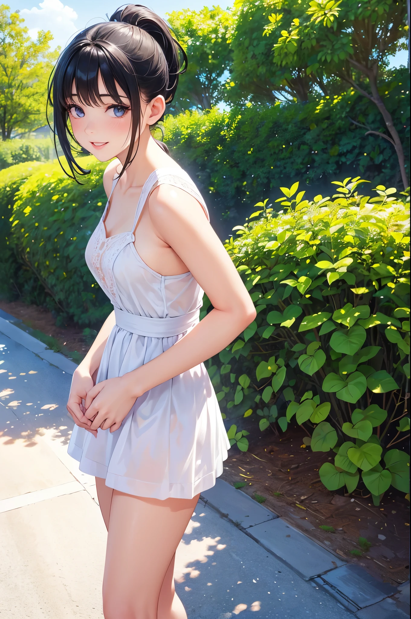 A girl in a garden,feeling the summer sunshine,with black hair,ponytail and wearing a miniskirt,standing with her legs apart,leaning forward,placing both hands on a hydrant. (best quality,4k,8k,highres,masterpiece:1.2),ultra-detailed,(realistic,photorealistic,photo-realistic:1.37),illustration,beautiful detailed eyes,beautiful detailed lips,extremely detailed eyes and face,long eyelashes, cheerful expression, vibrant colors,soft sunlight,Open-chested clothing