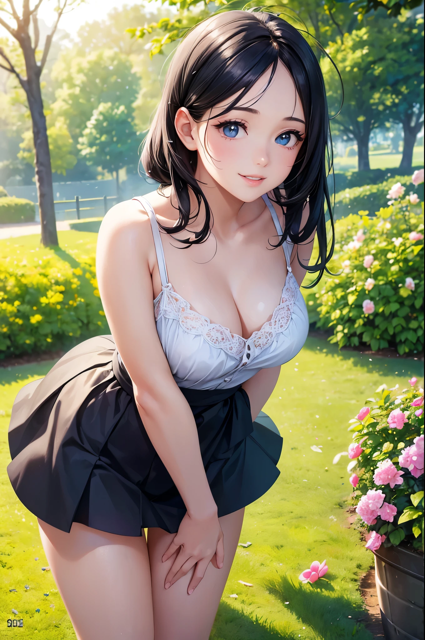 A girl in a garden,feeling the summer sunshine,with black hair,ponytail and wearing a miniskirt,standing with her legs apart,leaning forward,placing both hands on a hydrant. (best quality,4k,8k,highres,masterpiece:1.2),ultra-detailed,(realistic,photorealistic,photo-realistic:1.37),illustration,beautiful detailed eyes,beautiful detailed lips,extremely detailed eyes and face,long eyelashes, cheerful expression, vibrant colors,soft sunlight,Open-chested clothing