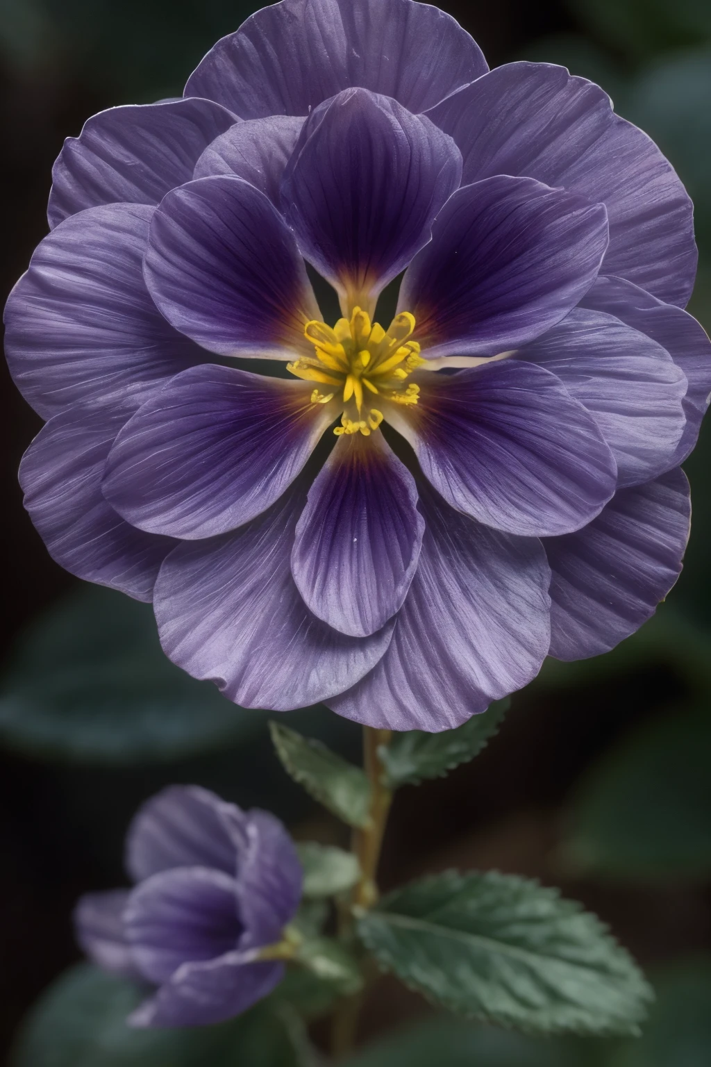 A beautiful single violet bloom, fresh and vibrant, centers the photograph with a sharp focus. The stem, adorned with tender green leaves, raises the flower elegantly against a soft, warm backdrop. The image is captured in high definition, showcasing every intricate detail of the violet's petals, which shimmer under volumetric lighting, creating captivating depth and texture. This true-to-life image is taken with a Canon EOS R5, utilizing natural light and a 100mm macro lens for unparalleled detail and depth of field. Post-processing is carried out in Adobe Lightroom, enhancing the natural colors and saturation to bring out