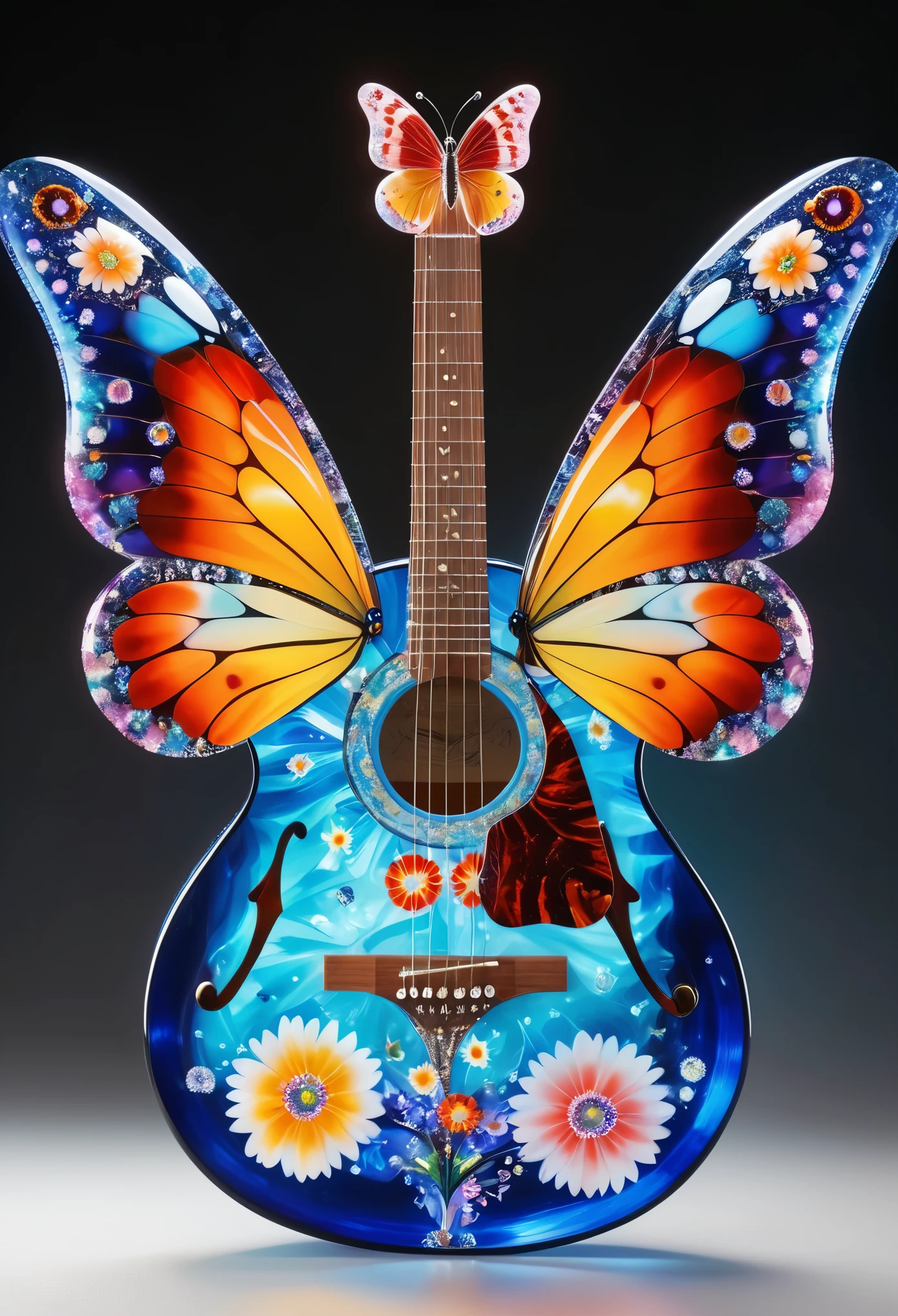 Millefiori glass style,(best quality,4k,8k,highres,masterpiece:1.2),ultra-detailed,(realistic,photorealistic,photo-realistic:1.37),butterfly,colorful, guitar,minimalistic background,salt lake,sparkling crystals, ethereal atmosphere, gentle breeze, vibrant colors, delicate wings, intricate patterns, soothing melodies, tranquil setting