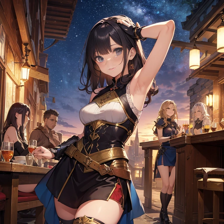 A group of  female medieval fantasy adventurers, (in tavern), various hair styles, harem, night, details face, short skirt, seducing, sleeveless, armor, armpits 