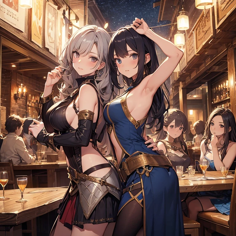 A group of  female medieval fantasy adventurers, (in tavern), various hair styles, harem, night, details face, short skirt, seducing, sleeveless, armor, armpits 