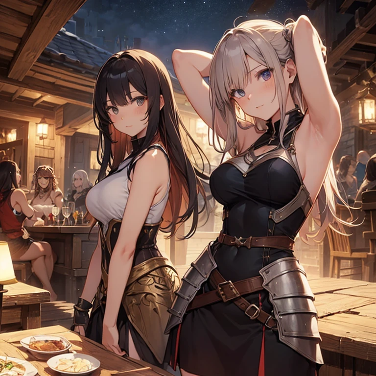 A group of  female medieval fantasy adventurers, (in tavern), various hair styles, harem, night, details face, short skirt, seducing, sleeveless, armor, armpits 