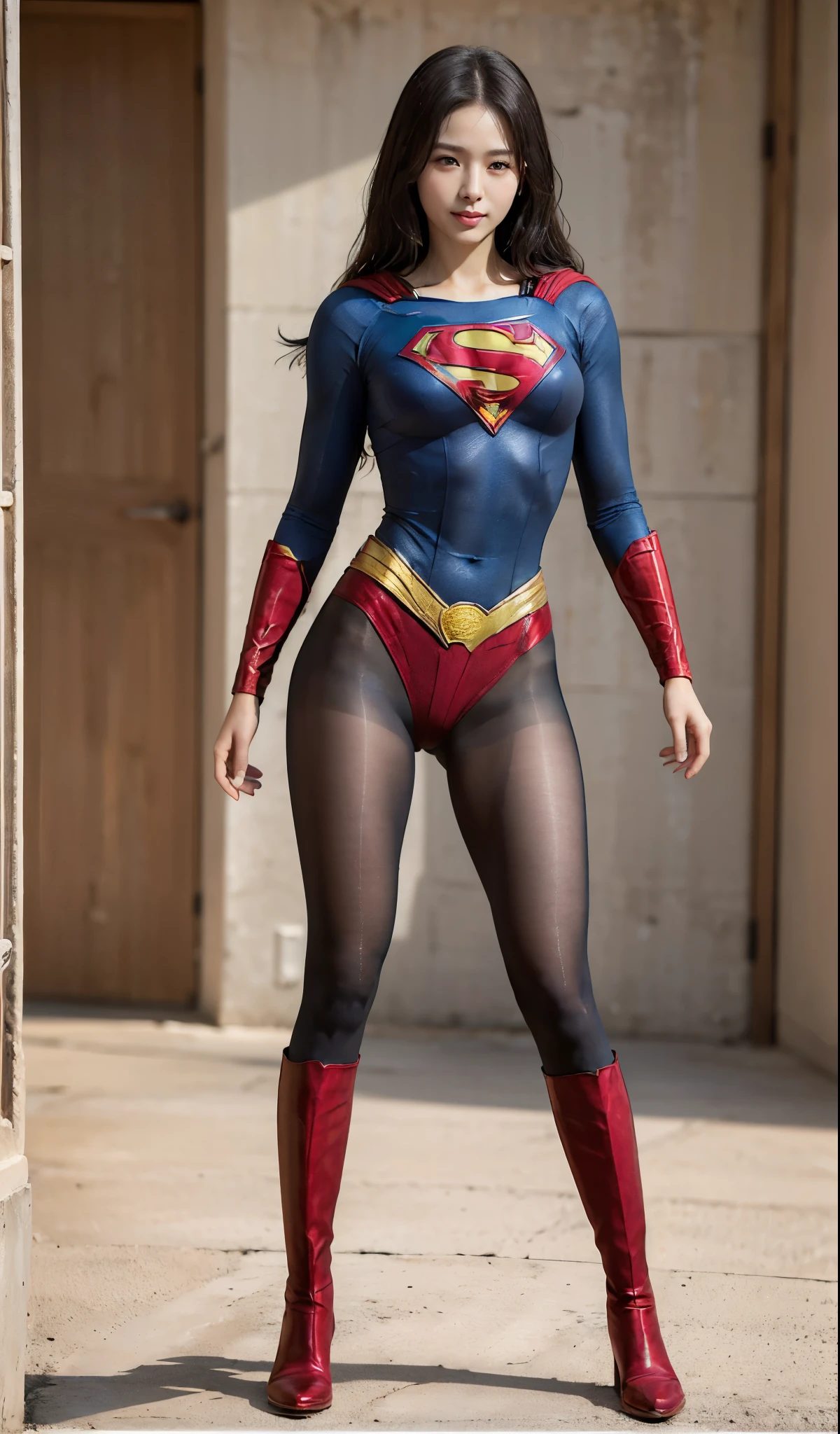 No background、(((Beautiful legs in black tights.)))、(((Legally express the beauty of your smile)))、((((Make the most of your original images)))、(((Supergirl Costume)))、(((Beautiful Hair)))、(((suffering)))、(((Please wear black tights....、Wear red boots)))、((Best image quality、8K))、((highest quality、8K、masterpiece:1.3))、(((Preserve background )))、Sharp focus:1.2、Beautiful woman with perfect figure:1.4、Thin abdominal muscles:1.2、Wet body:1.5、Highly detailed face and skin texture、8K