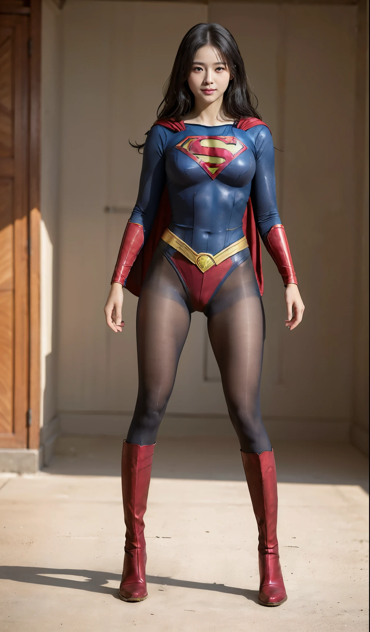 No background、(((Beautiful legs in black tights.)))、(((Legally express the beauty of your smile)))、((((Make the most of your original images)))、(((Supergirl Costume)))、(((Beautiful Hair)))、(((suffering)))、(((Please wear black tights....、Wear red boots)))、((Best image quality、8K))、((highest quality、8K、masterpiece:1.3))、(((Preserve background )))、Sharp focus:1.2、Beautiful woman with perfect figure:1.4、Thin abdominal muscles:1.2、Wet body:1.5、Highly detailed face and skin texture、8K