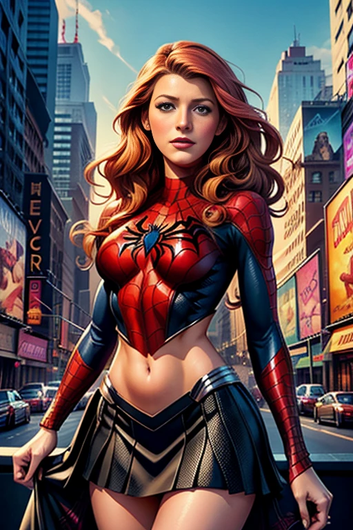Blake Lively、マーベル・コミック映画のPoster, Very beautiful, Movies about Spiderman, sexy, whole body, I'm wearing a skirt、Premiere date, Poster、belly buttonを突き出す、new york、She's wearing a torn Spider-Man suit,The suit is torn、Wearing a skirt、 Red and black color scheme,dynamic、masterpiece、highest quality、Ultra-detailed、Very detailed、A delicate and beautiful shine、超A high resolution、Cinematic,Break,Breakdrop,(Torn clothes:1.5), (Wet clothes:1.4), Bare shoulders,Real Rain,Wet Hair,belly button、Exposing Skin、sexyな肩を見せてる