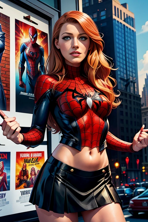 Blake Lively、マーベル・コミック映画のPoster, Very beautiful, Movies about Spiderman, sexy, whole body, I'm wearing a skirt、Premiere date, Poster、belly buttonを突き出す、new york、She&#39;s wearing a torn Spider-Man suit,The suit is torn、Wearing a skirt、 Red and black color scheme,dynamic、masterpiece、highest quality、Ultra-detailed、Very detailed、A delicate and beautiful shine、超A high resolution、Cinematic,Break,Breakdrop,(Torn clothes:1.5), (Wet clothes:1.4), Bare shoulders,Real Rain,Wet Hair,belly button、Exposing Skin、sexyな肩を見せてる